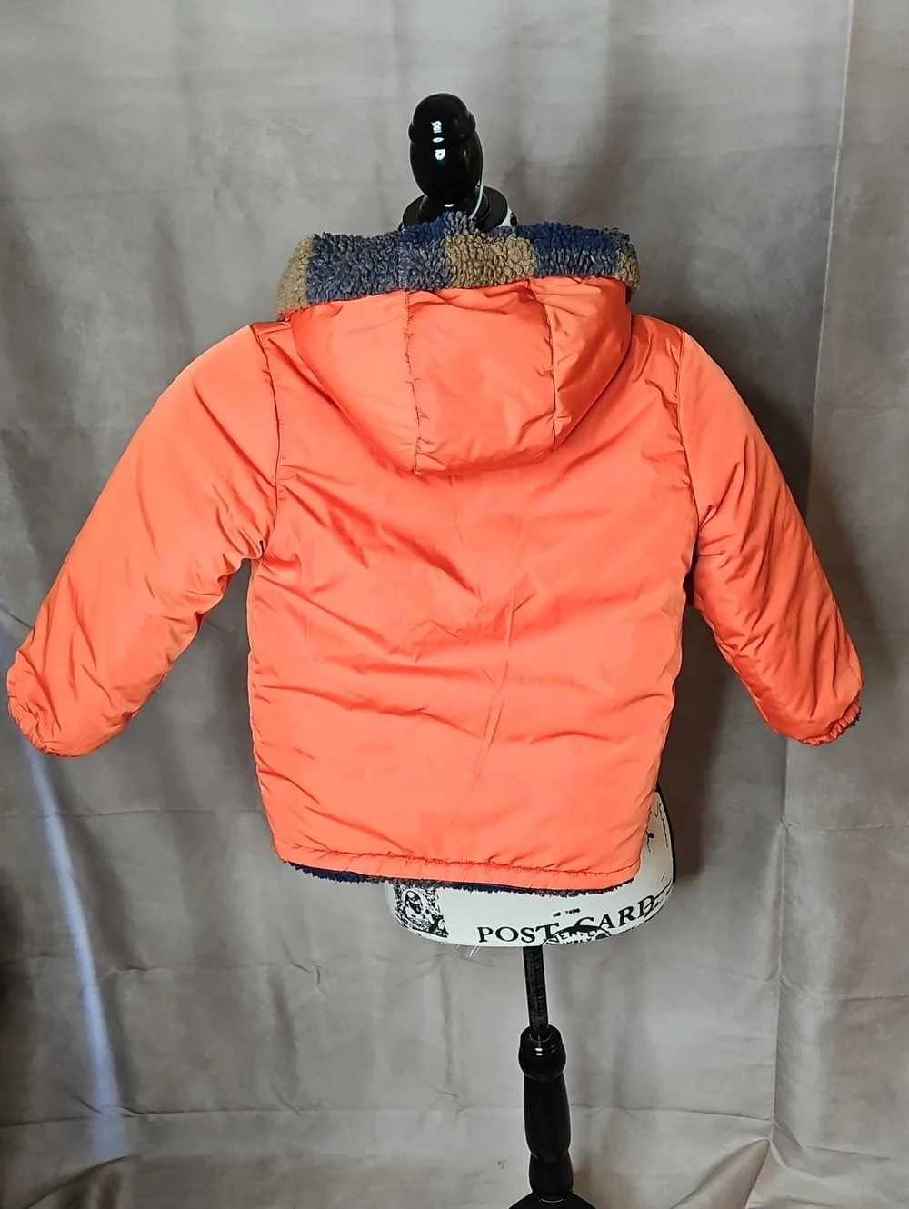 Catimini Kids Reversible Coat Orange Nylon/ Brown Plaid Sherpa Size 5 Hooded